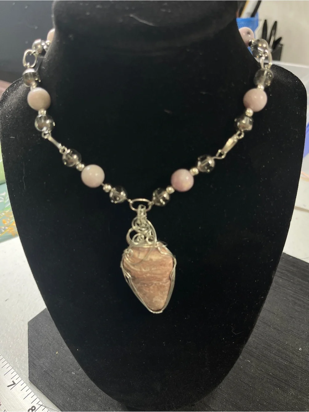 Elegant morganite Stone Pendant Necklace Kunzite Beaded Necklace 18” cabochon